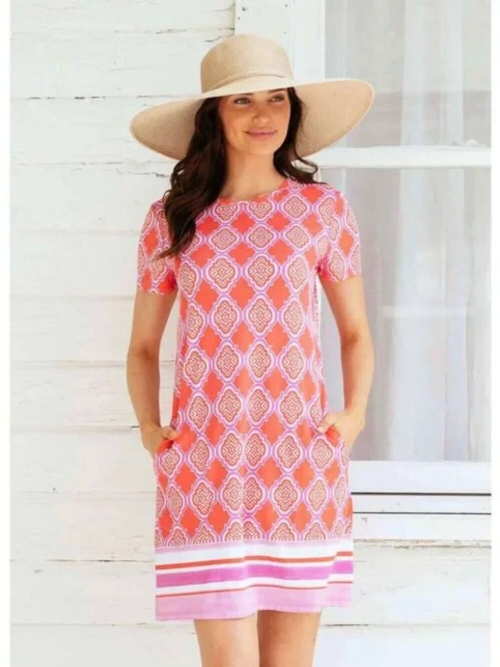 Cabana Life Short Sleeve Shift Dress in Coral Pink Geometric Print size Medium